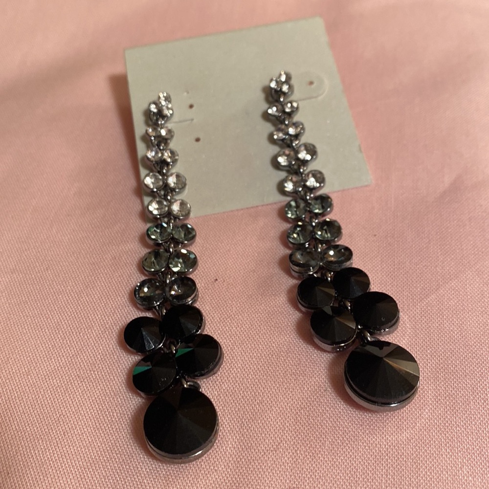 Costume Jewelry, Black Stones & Clear Rhinestones, Long Dangle Earrings 💜🔥💚🔥